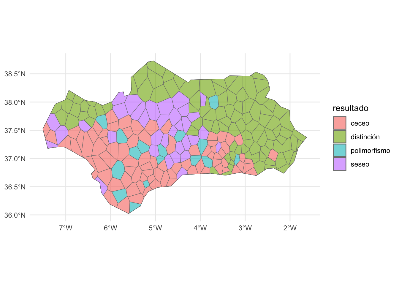 Áreas de distribución de los hablantes distinguidores, seseantes, ceceantes y polimórficos