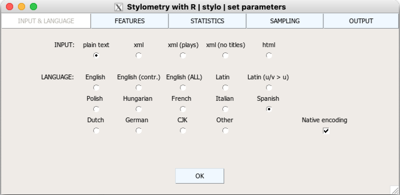 Ventana **INPUT & LANGUAGE** de `{stylo}`