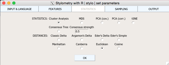 Ventana **STATISTICS** de `{stylo}`