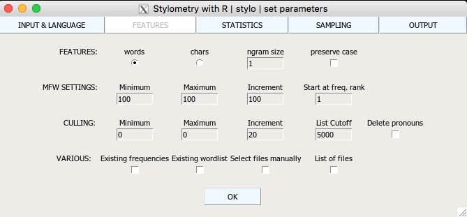 Ventana **STATISTICS** de `{stylo}`. Selección de las `100 MFW`