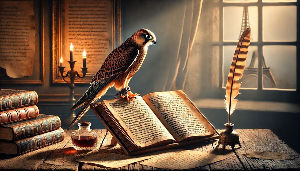 Cetrería y libro. Generada por IA. Origen desconocido